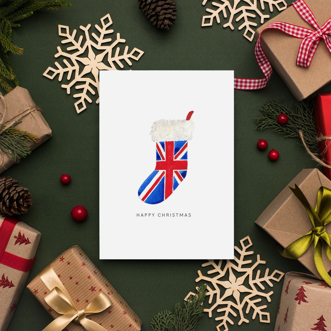 Union Jack Stocking Personalised Christmas Card A5 or A6 Sizes, image size:1080x1080
