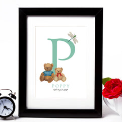 Teddy Initial New Baby Personalised Wall Art Print - Framed or Unframed