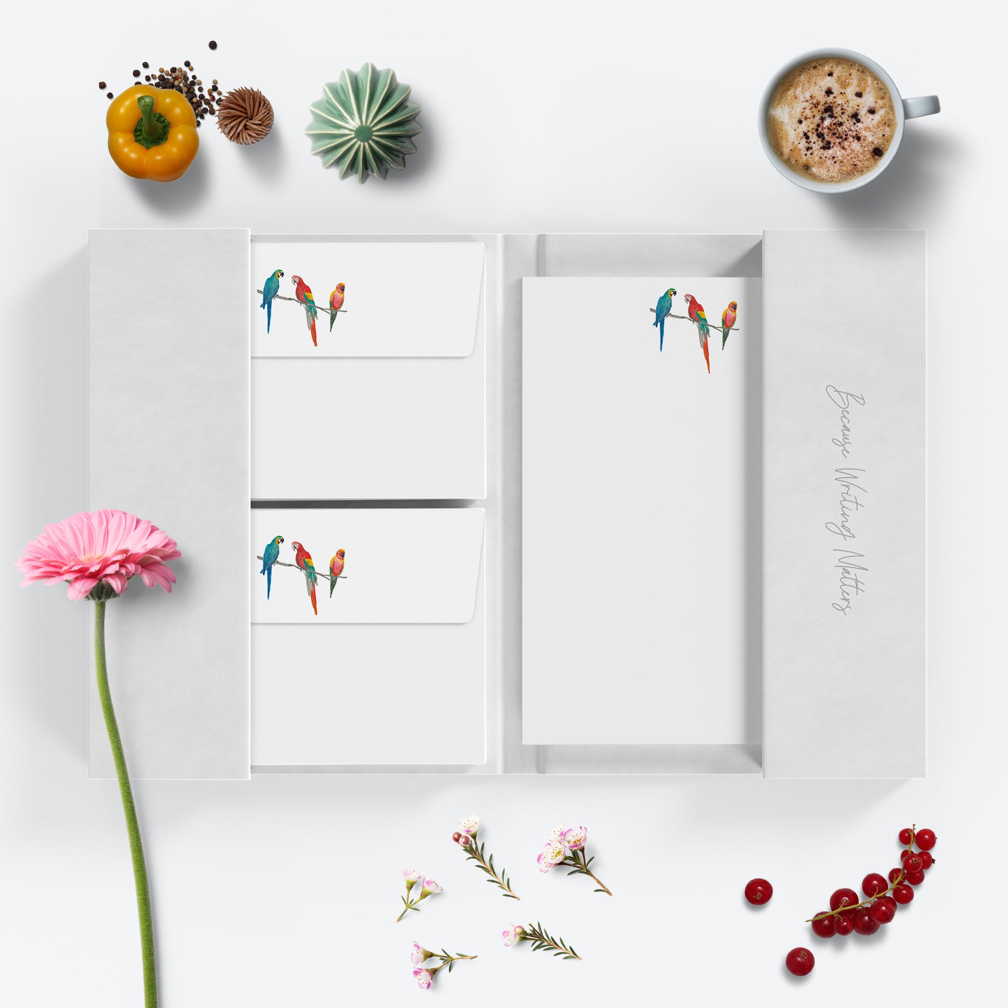 Three Parrots Letter Writing Set in Writing Folder β Me Loovely
